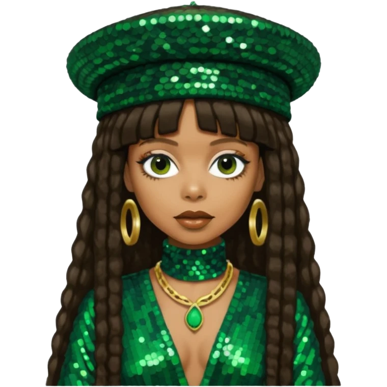 Erykah Badu with dark brown hair, dark green sequin outfit emoji