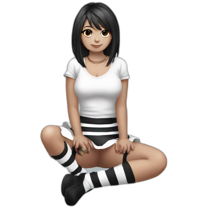 Frontal view curvy emo girl sits white skirt striped stockings hands up emoji