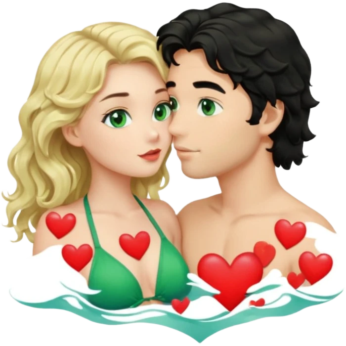 Blonde girl Green eyes wavy hair Green Bikini whole body Kissing man black Hair blue eyes Hearts in Body Background beach emoji