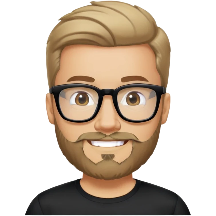 Man with light skin, full facial beard, short upswept hair, large black-framed glasses, smiling face, black sports fabric shirt emoji