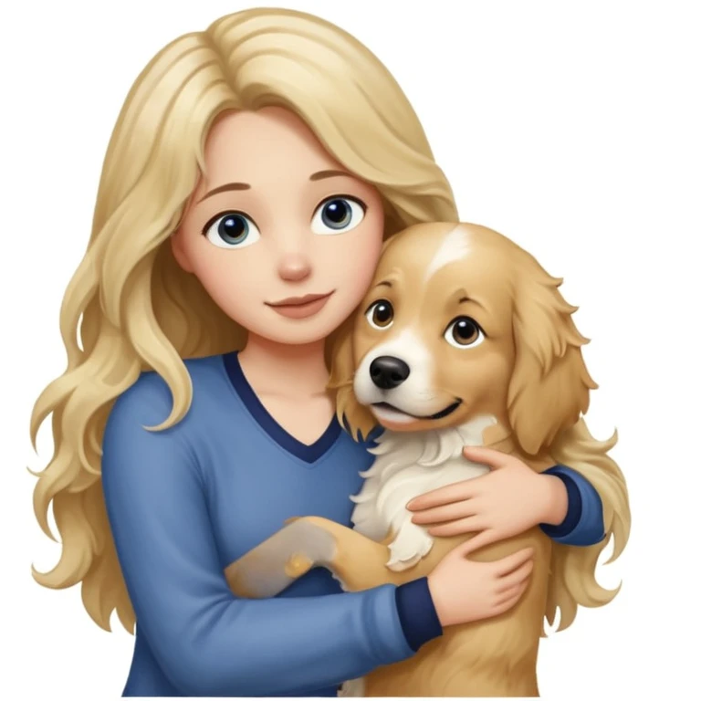 20-year-old woman with very long, wavy, blonder dirty blonde hair with brown highlights and dark blue eyes, hugging an English cream golden retriever, sunset background, affectionate and playful emoji