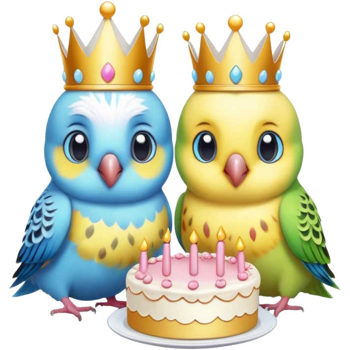cute budgies with a crown and cute cake emoji