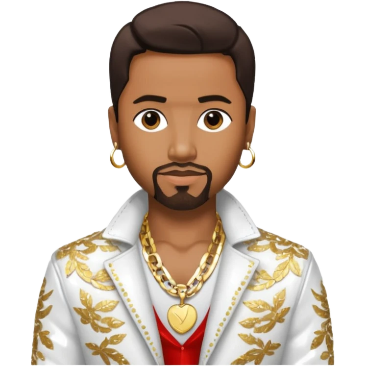Teddy Riley with dark brown hair, white sequin jacket, shirtless with necklace emoji