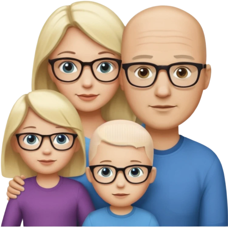 Eigene Familienbild mit 3 Personen; Mutter dunkle Augen und dunkle lange Haare mit Brille; Vater mit Glatze und Blaue Auge, kleinkind mit blonden Haaren und dunklen Augen emoji