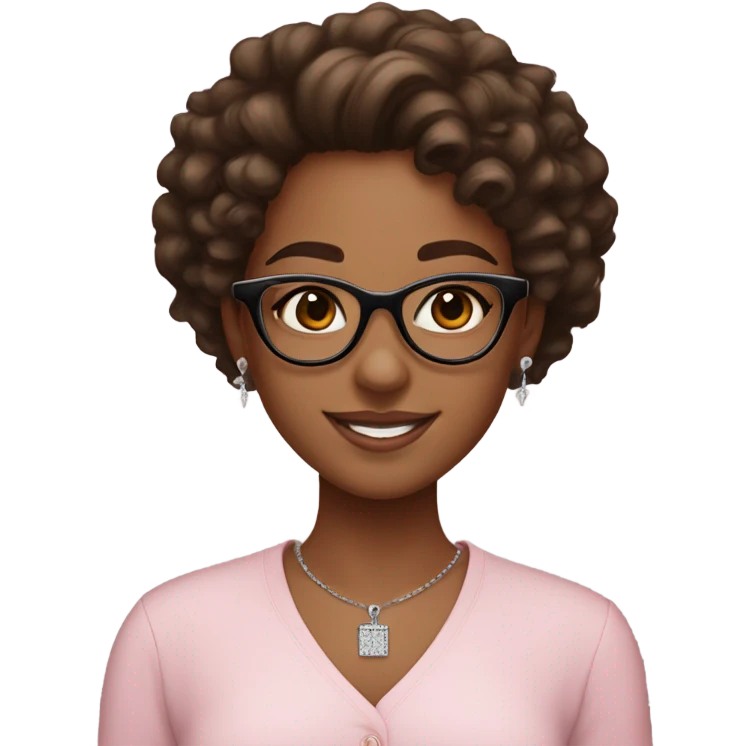 Brown skin curly hair girl with dark brown eyes black framed glasses little diamond earrings cross necklace light pink shirt smiling  emoji