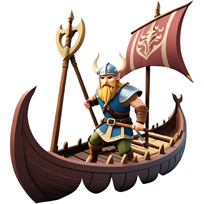 clash-of-clans-aesthetic_-cinematic-viking-longboat, rendered in a flat, bold vector style with minimal shading, featuring a striking dragon-headed prow slicing through icy, churning waters. shields on the side and vikings rowing The longboat’s intricately detailed shields and carved motifs evoke a sense of epic adventure and Nordic might, with billowing sails catching a dramatic, stormy sky backdrop. emoji