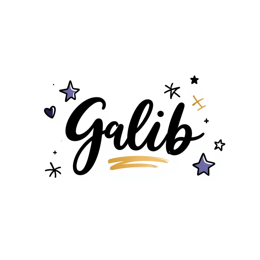 Galib in elegant cursive and bold mix, dreamy purple blue gold gradient, surrounded by sparkles, hearts, stars, and aesthetic emojis, romantic luxurious whimsical nameplate emoji