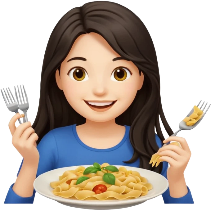 chica joven con piel clara y pelo oscuro largo comiendo un plato de pasta que parezca un emoji de iphone (sistema ios) emoji