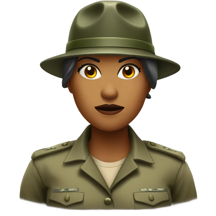 a female drill sergeant character wearing a classic sergeant hat and a camouflage army shirt. The character should have an angry intense expression. full torso emoji