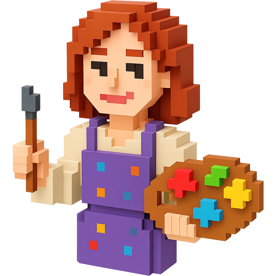 Serene female oil painter, Caucasian features, shoulder-length auburn hair, soft brown eyes, gentle smile, wearing a violet painter’s apron lightly stained with paint over a beige blouse, holding a wooden palette with vibrant colors in one hand and a brush in the other, waist-up, front-facing emoji