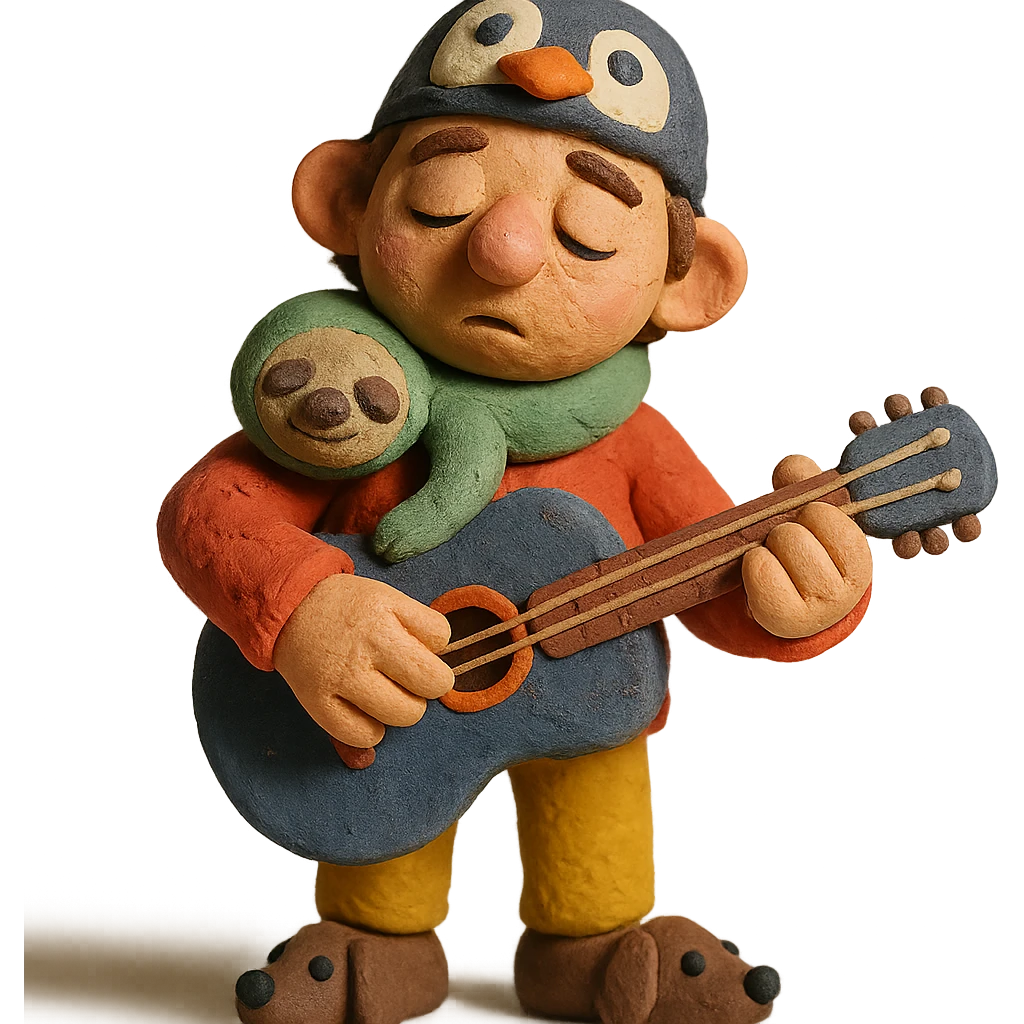 sleepy, creative musician with a sloth scarf, penguin hat, and dachshund shoes emoji
