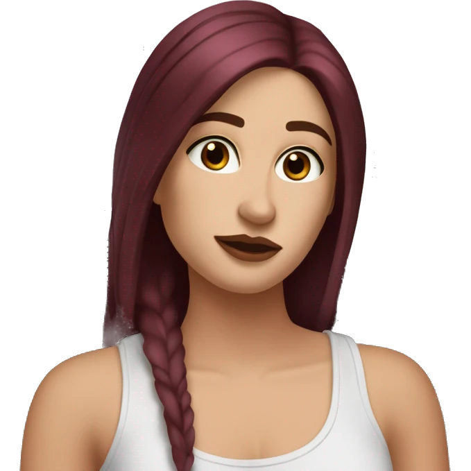 white girl, long straight middle part burgundy hair, brown eyes, long eyelashes, full lips, black tank top emoji