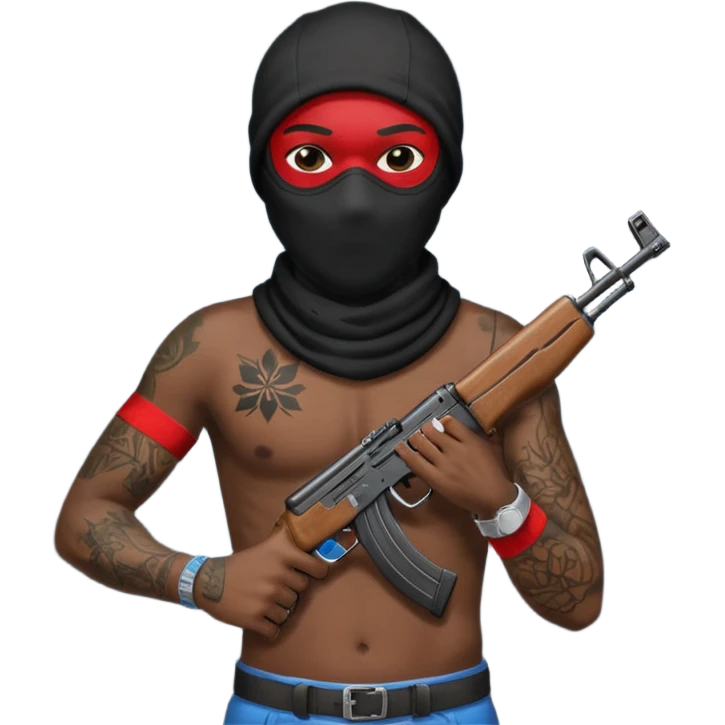 Gang member wearing a ski mask no shirt with tattoos holding AK 47 emoji