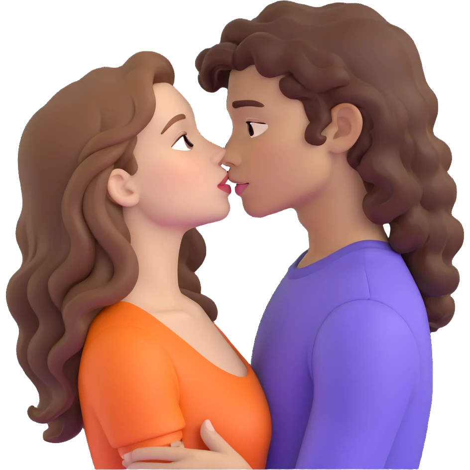 long light brown hair girl with pale skin and boy with dark curly hair and tanned skin kissing emoji