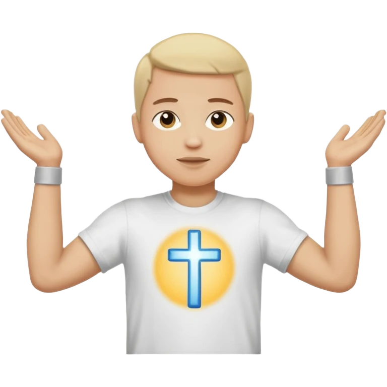 A person with the arms opened and extended forming a cross with their arms and body with t-shirt emoji