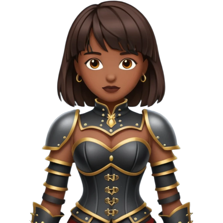 dark skinned with bangs brunette woman with corset armour emoji