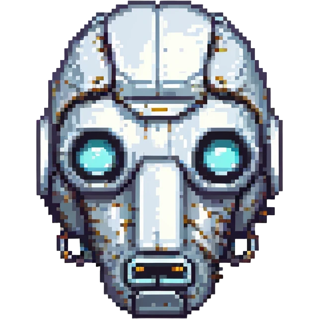 a jaded AI, robotic head with droopy eyes, metallic textures, neutral palette emoji