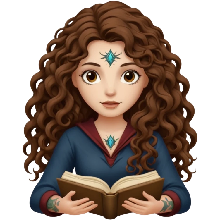 woman with long curly brown hair, brown eyes, white skin, tattoos, reading a spellbook that grows roots instead of pages emoji