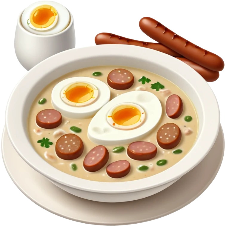cinematic-realistic zurek-soup-dish-emoji,-depicted-as-a-tangy,-creamy-rye-soup-with-sausage-and-1 boiled egg-rendered-with-detailed-textures-and-warm,-comforting-lighting. emoji