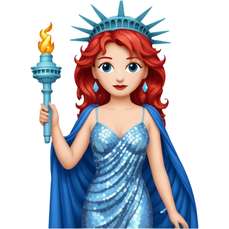 Lady Liberty from Film Studios with red wavy hair, white sequin gown, blue sequin drape emoji