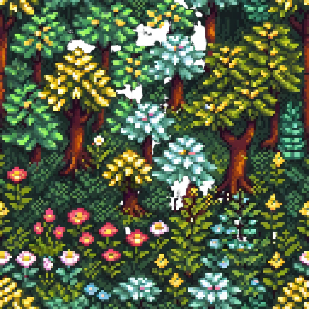springtime forest with blooming flowers and green foliage in pixel art style emoji