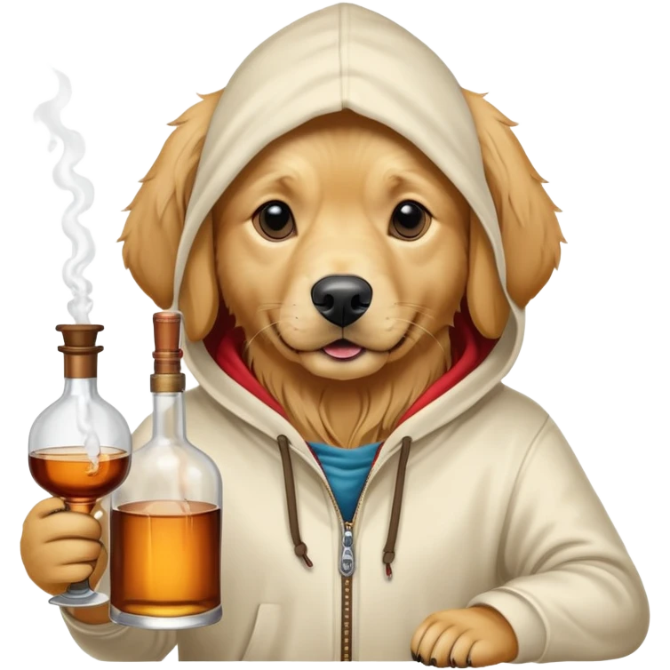 Антропоморфный золотистый ретривер в худи с бутылкой виски и кальяном emoji