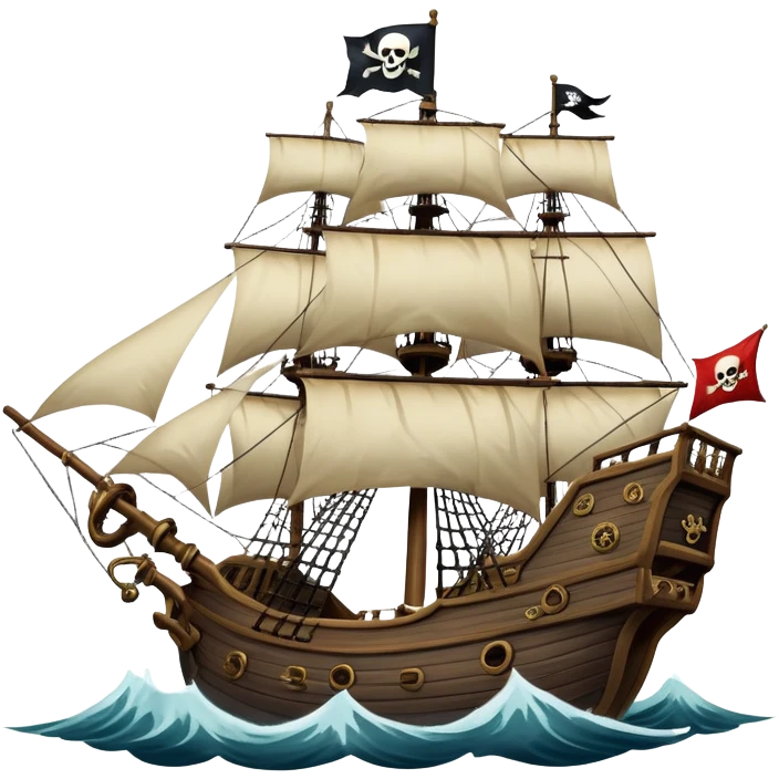 An icon representing an adventure game, inspired by high-seas exploration. The design features a fearless pirate gripping the wheel of a grand sailing ship, its tattered Jolly Roger flag billowing as it cuts through stormy waters. The scene evokes danger, treasure, and the thrill of the open sea. Transparent background. emoji