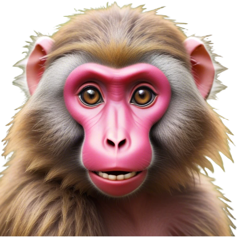 Cinematic Cute Baboon Portrait Emoji, Head tilted playfully and inquisitively, featuring a vibrant Fur of earthy browns with expressive, round, sparkling eyes filled with curiosity, Simplified yet irresistibly adorable features, highly detailed, glowing with a warm, friendly glow, high shine, affectionate and spirited, stylized with a touch of urban whimsy, bright and endearing, soft glowing outline, capturing the essence of a mischievous yet loving baboon, so playful it feels like it could leap out of the screen and into your arms! emoji