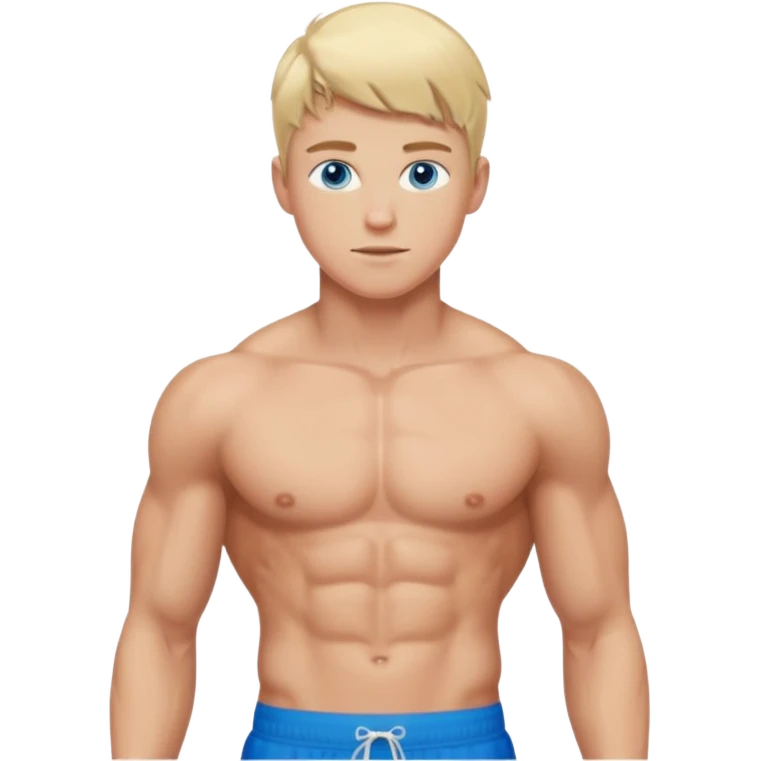 a 20 year old blond man with blue eyes, very muscular with abs, shirtless with sports shorts emoji