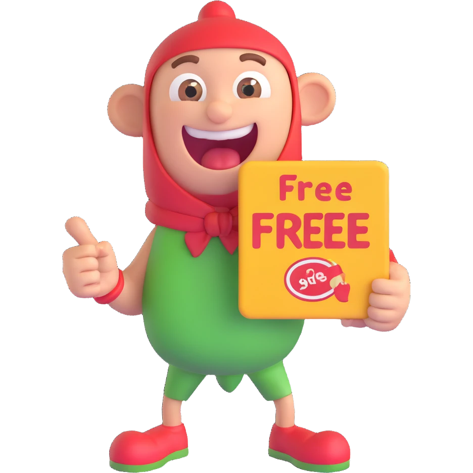 playful happy character sneaking food or holding a sign that says 'free' with a mischievous or cheeky expression emoji