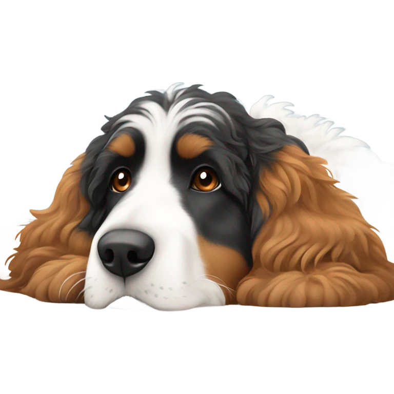 Tri color Bernedoodle in bed emoji