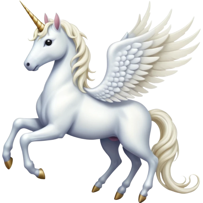 All white Cinematic Noble Unicorn with wings, slender with a flowing mane and tail and spiraled horn emoji