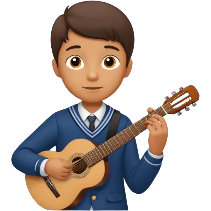 Teen boy – wearing school uniform, holding classical guitar, practicing chords. emoji