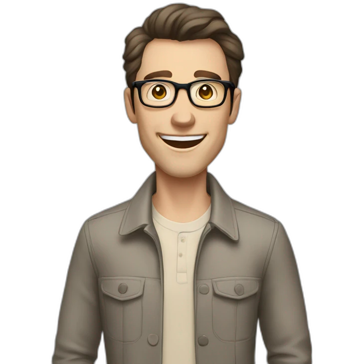 Joyful Pale skinned Fit Man With dark brown hair in gray jacket, beige office shirt, Brown pants and vintage glasses. His thrumbs up emoji