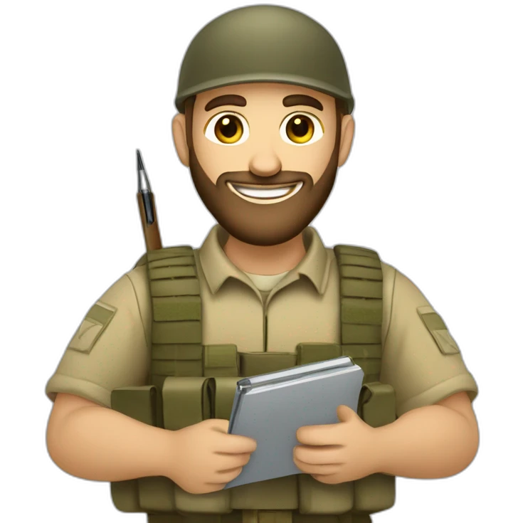pale brown bearded israeli IDF soldier happy holding notebook and pen emoji