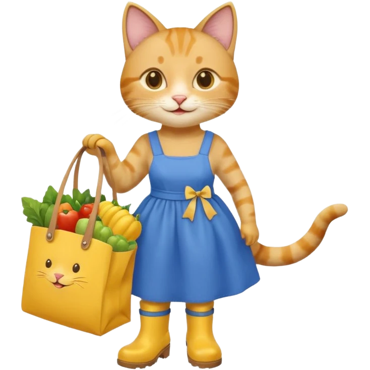 smiling-cat-in-a-blue-dress,-yellow-boots,-carrying-a-market-bag emoji