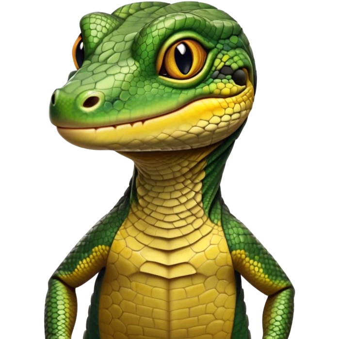 cinematic-realistic-cute-monitor-lizard-portrait-emoji,-head-tilted-playfully-and-inquisitively,-featuring-a-compact,-agile-body-with-finely-detailed,-glossy-scales-in-earthy-olive-hues-and-a-distinct,-alert-face-with-bright,-curious-eyes, black , yellow spotted and green band  scales emoji