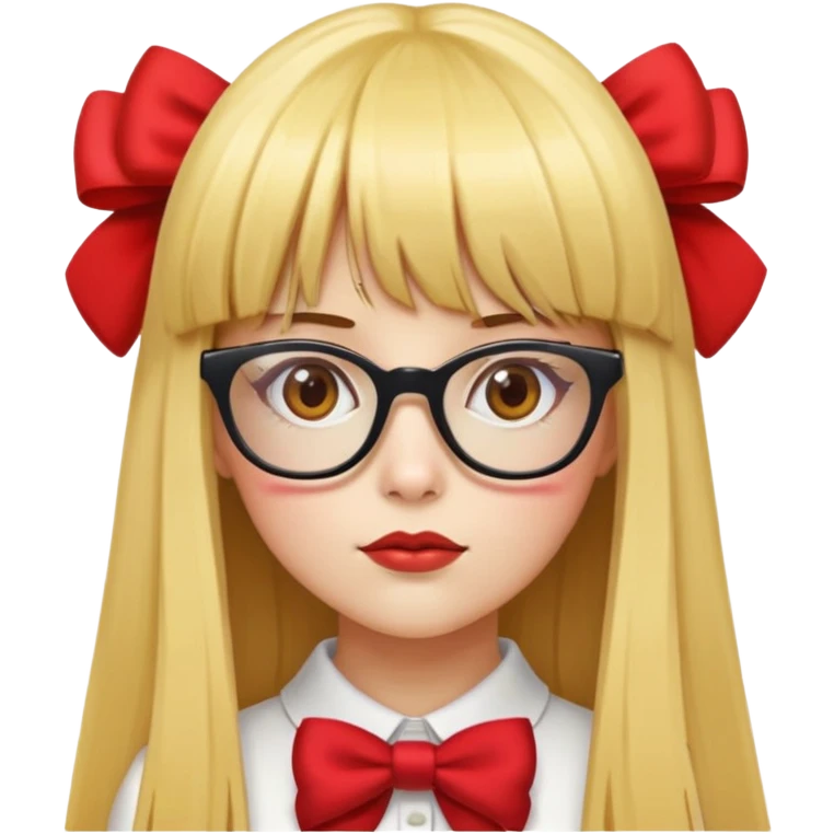 yellow skin girl with long straight hair, bangs, red bow on hair, oversized glasses emoji