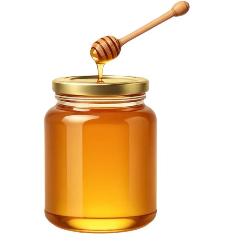 glass jar of honey, golden amber, glossy surface, light reflections, dense smooth honey, simple lid wooden metallic or golden, blank label optional, minimal honey dipper resting on jar, 3D clean style, transparent background emoji