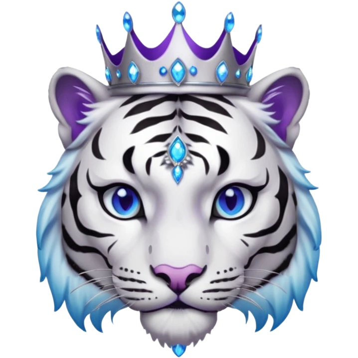 ESO Female white/black tiger khajiit leader of the umbral rose, glowing blue eyes, glowing blue 'third eye' gem, silver crown/tiara with purple gems emoji
