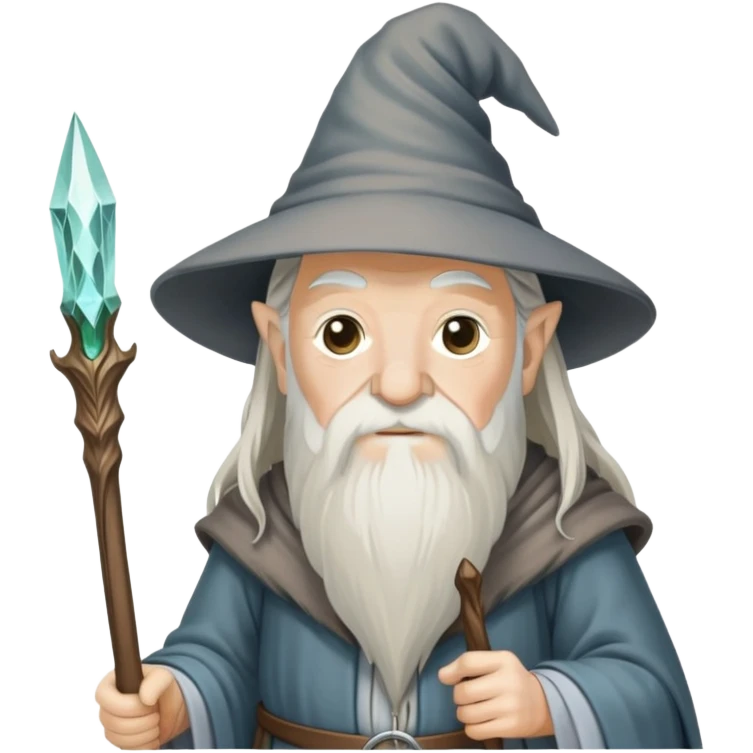 Gandalf the wizard with long white beard, pointy hat, and staff emoji