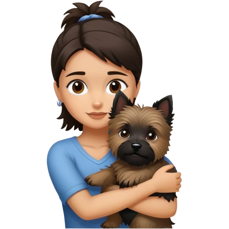 Brunette girl with black cairn terrier hug emoji