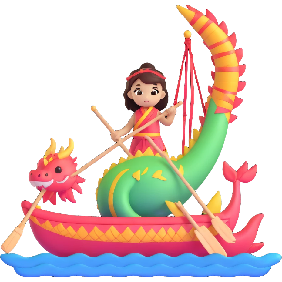 A chibi girl dressed as a dragon boat drummer, holding soft pastel drumsticks, standing in a fluffy dragon boat, colorful festival ribbons flying, sparkles and cute mini fish swimming below, soft pastel colors, watercolor texture, transparent background emoji