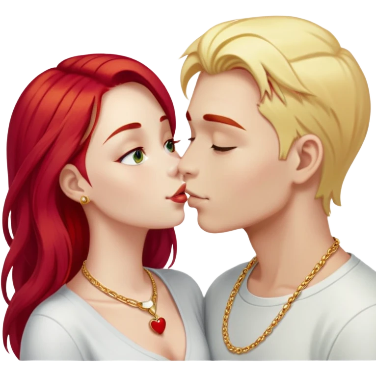 couple kissing, girl with long cherry red hair and blonde eyebrows, gold A necklace, light clothes, and boy with PURE WHITE SHORT HAIR (completely white like paper, not blonde, not gray) emoji