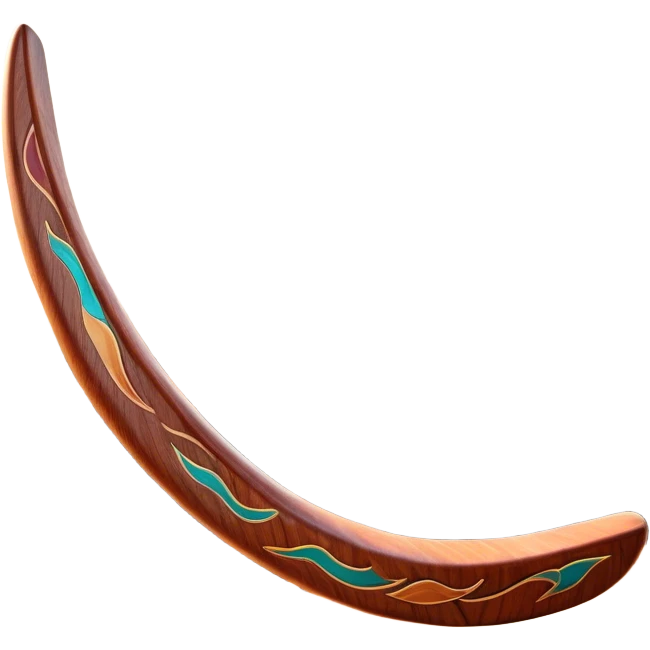 Cinematic Realistic image of a classic boomerang, rendered with detailed wood grain textures and vibrant colors, set against a sunlit outback landscape that emphasizes its iconic Australian heritage emoji