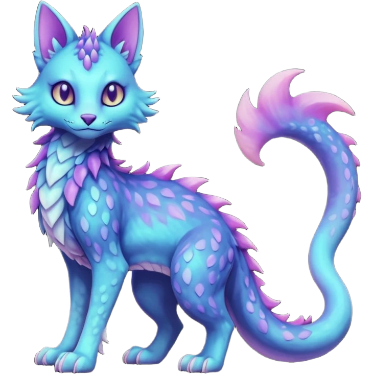 Kawaii dark gloomy pastel shiny soft smooth glossy scaley bio-luminescent abyssal colorful edgy fantasy ethereal feline-vernid-sergal-fursona animal creature with a tufted tail full body emoji