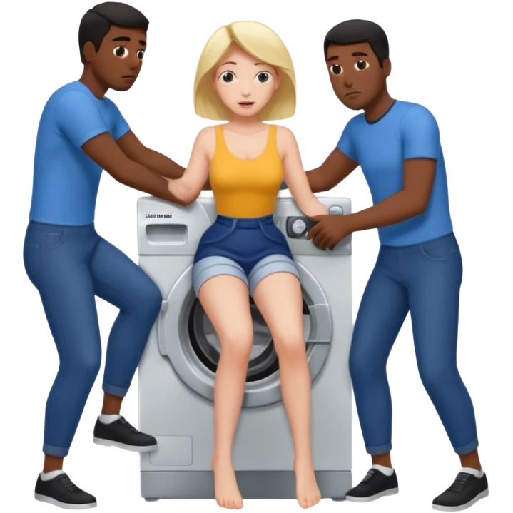 Eine Frau steckt bis zum Bauch in einer Waschmaschine fest und nur die Beine gucken raus und zwei schwarze männer ziehen an ihren Beinen um sie raus zu holen  emoji