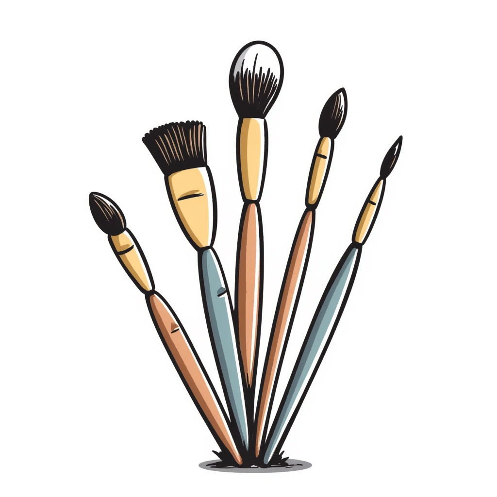 A set of artist paintbrushes in different sizes and shapes with wooden handles in pastel colors (dd9fb0, ffc6d3, a3bfc9, c4bee2, f1b091), hand-drawn doodle style emoji