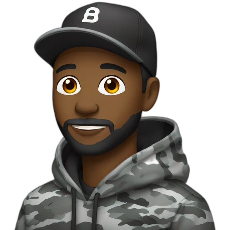 black man with a beard, gray camo hat, black pullover  hoodie emoji
