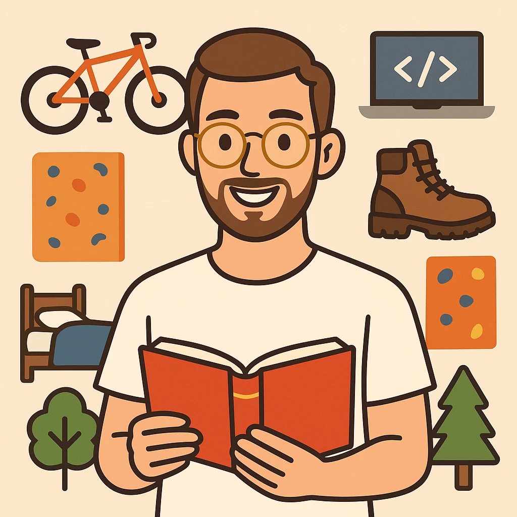 flat-toon style young man with light skin, short brown hair, neatly trimmed beard, round gold-rimmed glasses, smiling, plain white t-shirt, holding open red book at chest level, surrounded by hobby icons: orange mountain bike, gray laptop with code, brown hiking boot, climbing wall, bed with blue blanket and moon-and-stars, green tree emoji
